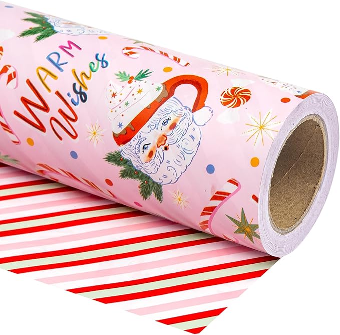 WRAPAHOLIC Reversible Christmas Wrapping Paper - Mini Roll - 17 Inch x 33 Feet - Santa Claus Cup and Stripe Wrapping Paper for Chrsitmas, Holiday, Party Celebration