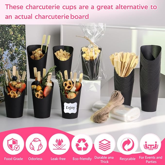 50 Sets 12 oz Charcuterie Cups Black, 100 Picks + 50 Bags + 50 Labels, Disposable Charcuterie Cups with Sticks, Paper Individual Snack Cup Disposable French Fry Cup for Parties, Catering