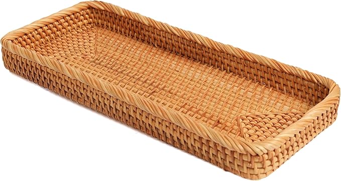 Rectangular Rattan Tray, Long Woven Tray Rectangle Tray, Flat Rattan Serving Tray for Breakfast, Drinks, Snacks(15.75''x6.69''x1.57'')