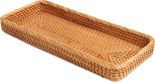 Rectangular Rattan Tray, Long Woven Tray Rectangle Tray, Flat Rattan Serving Tray for Breakfast, Drinks, Snacks(15.75''x6.69''x1.57'')