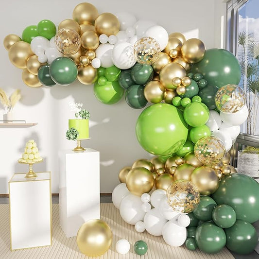Green White Gold Balloon Garland Arch Kit, 156 Dark Green Metallic Gold White and Neon Green Balloons for Birthday Wedding Anniversary Safari Jungle Baby Shower
