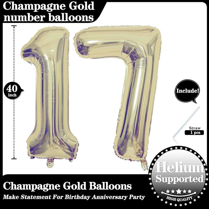 Champagne Gold 17 Number Balloons, 40 Inch Giant Number 17 Balloons Foil Mylar Helium Light Gold Number Balloons for 17th Birthday Party Supplies Anniversary Event Celebration Decorations