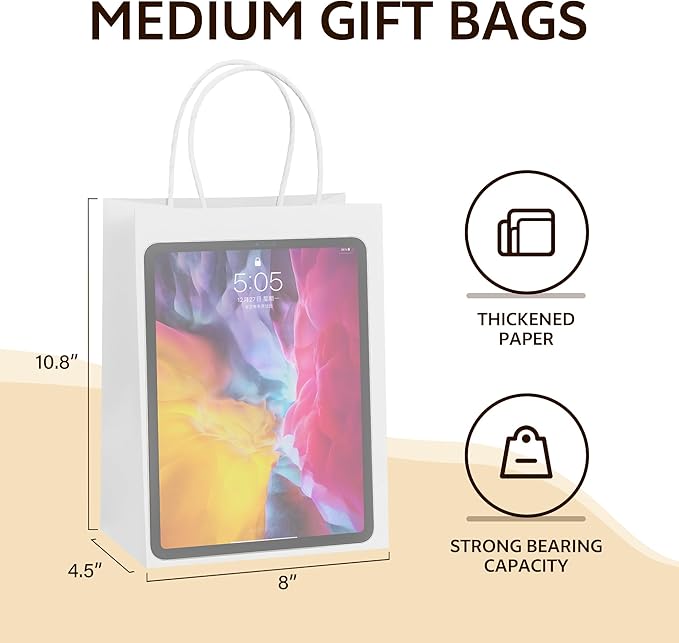 YEEHAW Medium Gift Bag, 50Pcs White Kraft Paper Bags with Handles, Eco-Friendly, Bulk Pack, 8''x4.5''x10.8'', Ideal for Wedding, Birthday, Party Favors, Holiday Gifts, Retail Bags