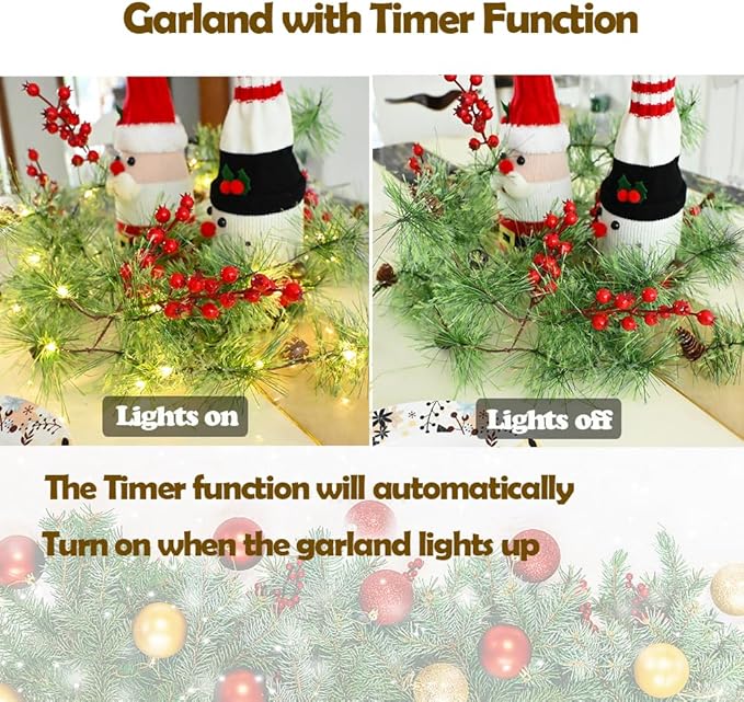 Christmas Garland Lights 9.84 FT Smokey Pine Garland with 40 LED Fairy Lights Battery Operated Red Berries Bells Pine Cones Garland Wreath for Christmas Tree Door Mantle Indoor Outdoor Home Decoration
