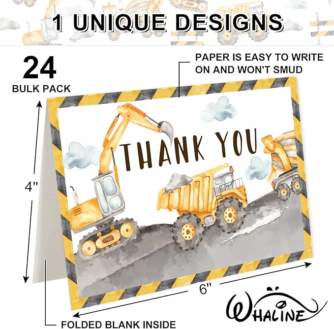 Whaline 24 Pcs Construction Thank You Cards Greeting Cards with Envelopes Stickers Yellow Dump Truck Digger Excavator Blank Note Cards for Birthday Baby Shower Party, 4 x 6 Inch