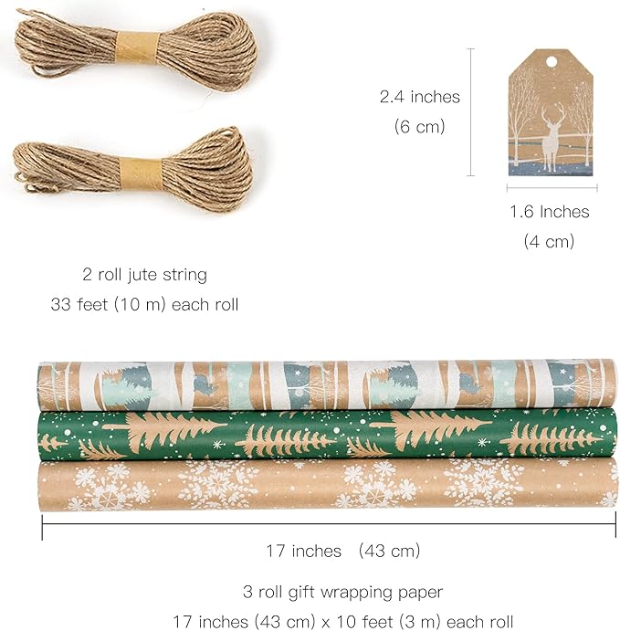 RUSPEPA Christmas Wrapping Paper Rolls with Tags and Jute String - 17 inches x 10 feet per Roll, Total of 3 Rolls