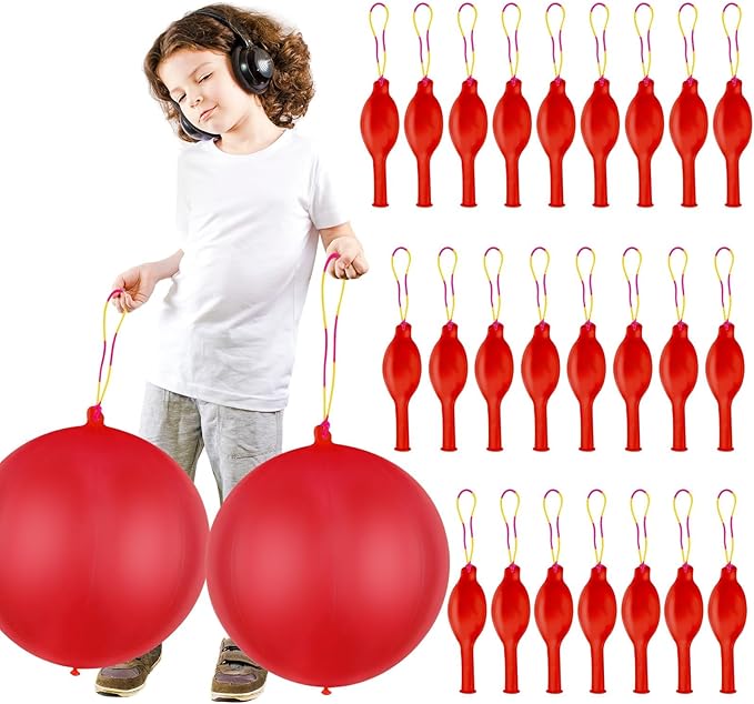 24 Pcs Red Punch Balloons Bounce with Rubber Band Handle Punching Balloon Heavy Duty for Birthday party favors, Kids (Red)