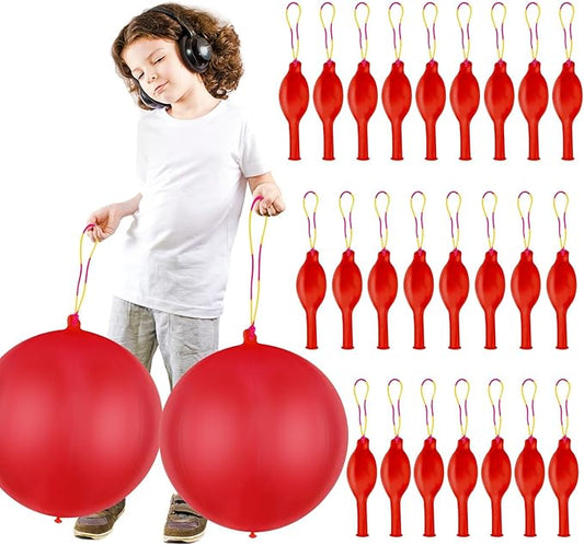 24 Pcs Red Punch Balloons Bounce with Rubber Band Handle Punching Balloon Heavy Duty for Birthday party favors, Kids (Red)