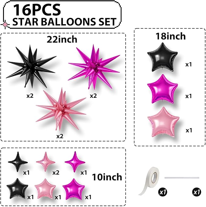 16 Pcs Black Hot Pink Star Balloons, 22/18/10 Inch Foil Balloons, Four-Pointed Balloon for Girl Mermaid Birthday Graduation Wedding Baby Shower Magic Party Decorations