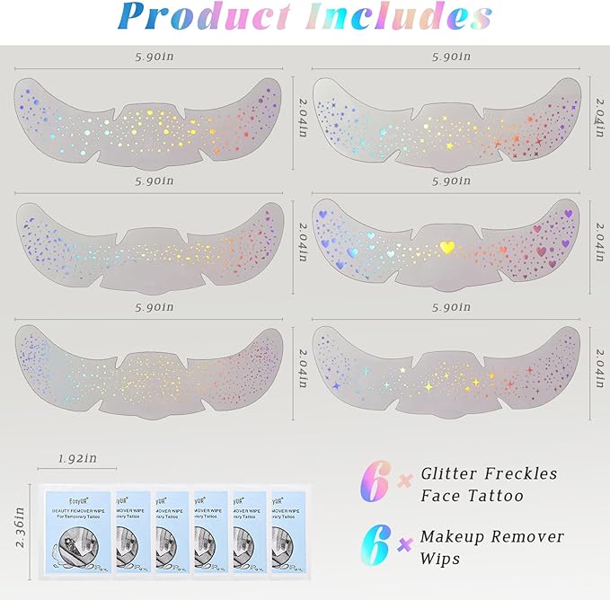 6 pcs Holographic Glitter Freckles Face Tattoo, Waterproof Sparkle Body Glitter Speckles Patches for Women, Cute Star Glitter Stickers Temporary Tattoo Makeup Accessories for Festival Rave