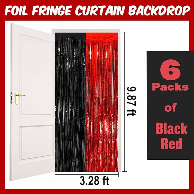 6 Pack Black and Red Foil Fringe Curtains Backdrop, 3.28 x 9.8 Ft Metallic Streamers Tinsel Curtains Background for Photo Booth, Birthday, Halloween, Christmas, New Year Party Decorations