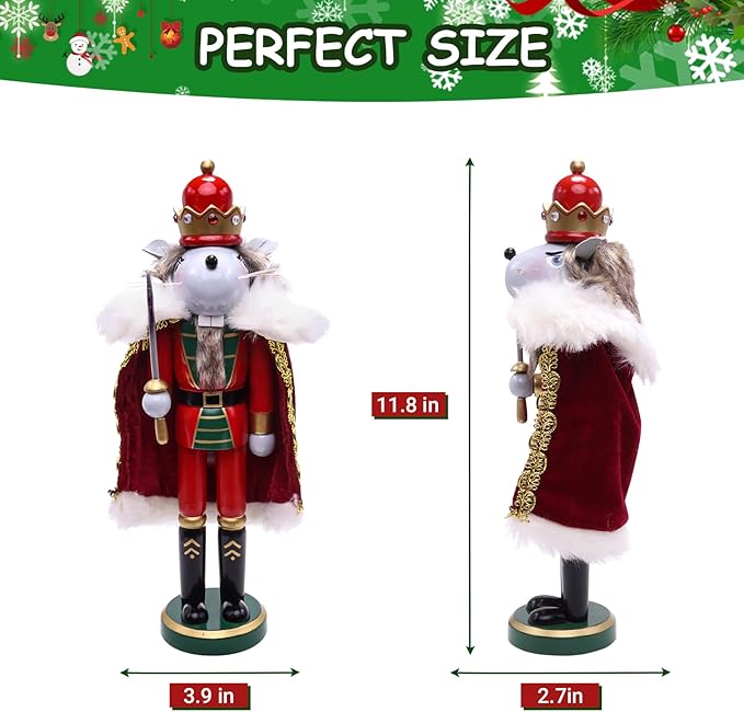 11" Wooden Mouse King Nutcracker, Festive Christmas Decoration, Handcrafted Mouse Themed Nutcracker Collectible Christmas Decor for Tabletop, Shelves, and Fireplace Mantel