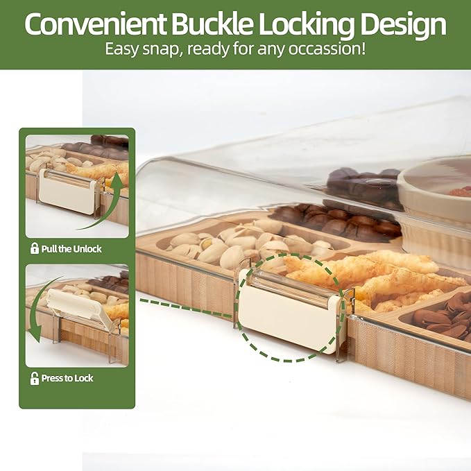 YANG Charcuterie Board with Lid, Divided Bamboo Serving Tray with Leak-Proof Locking Lid, Serving Platter for Party Appetizer Cheese Snack Gift Ready (9 Compartments,Square)