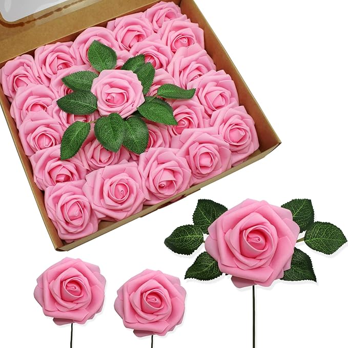 JOYLEX 100PCS Dark Pink Artificial Flowers Realistic Roses, Real Looking Fake Roses with Stem for DIY Wedding Bouquets Centerpieces Bridal Shower Party Home Romantic Decorations (Dark Pink, 100pcs)