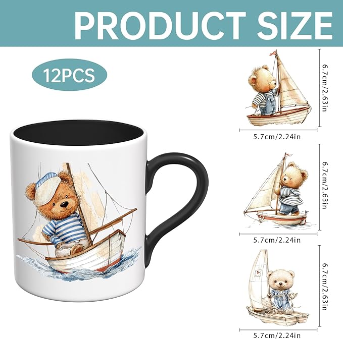 UV DTF Stickers - 12 Sheets Sailor Teddy UV DTF Cup Wrap for Coffee Mugs Glass, DIY Decals for Tumblers, Waterproof Rub on Transfers for Crafts