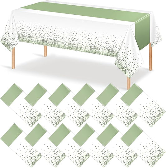 12Pcs White and Sage Green Tablecloth Decorations,Plastic White Table Cloth Printed Green Table Runner Disposable Rectangle Tables Cover for Birthday Wedding Anniversary Graduation Party,54 x108 Inch