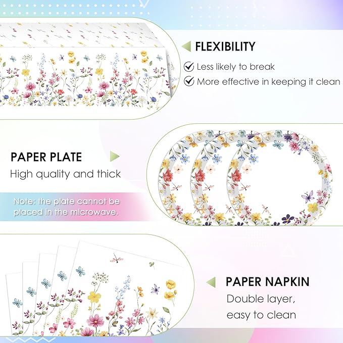 41Pcs Wildflower Party Decorations Spring Floral Birthday Tableware Wildflower Floral Paper Plates Napkins Tablecloth丨Spring Summer Picnic Birthday Wedding Mothers Day Tea Party Decorations,Serve 20