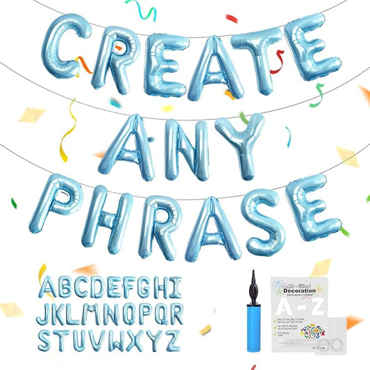 53pcs Baby Blue Letter Balloons, Custom A-Z Set for Personalizing Names & Phrases on Party Supplies Banners - Inflate with Balloon Pump, for Boy Birthdays/Baby Showers