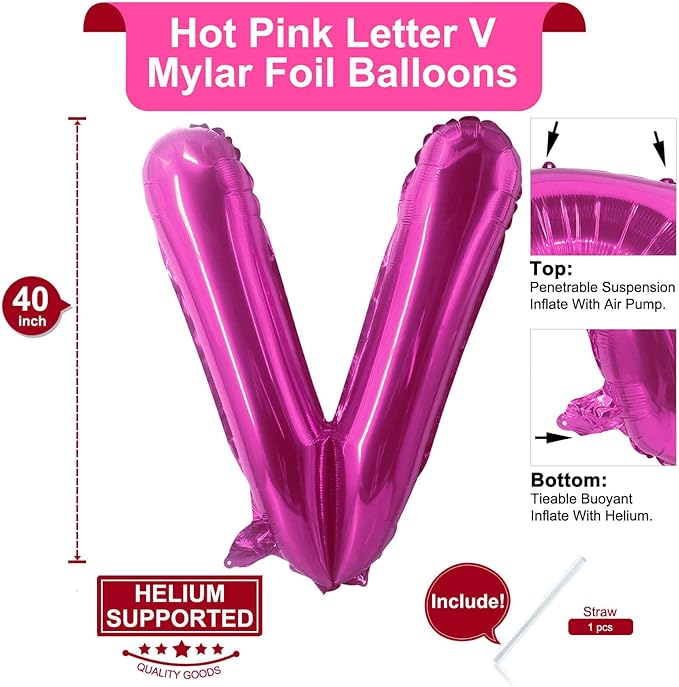 Lovoir 40 Inch Large Hot Pink Letter V Balloons Big Size Jumbo Mylar Foil Helium Balloon for Birthday Party Celebration Decorations Alphabet Hot Pink V