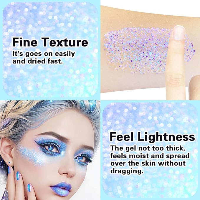 MEICOLY Sparkling Blue Body Glitter,Halloween Face Glitter,Color Changing Glitter Gel for Body,Face,Hair,Lip,Eye,Long Lasting Sequins Glitter Face Paint,Festival Party Glitter Makeup,50ml