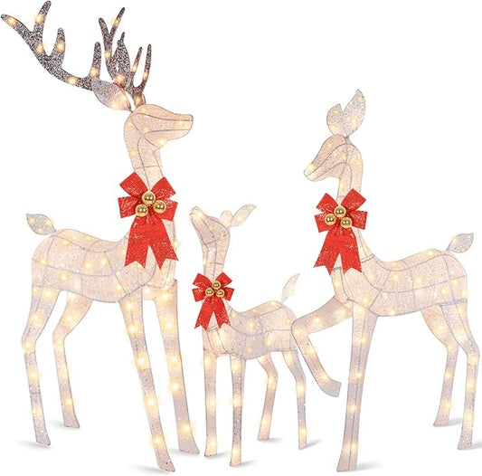 3-Piece Reindeer Outdoor Christmas Decorations, 5FT Large Pre-lit Christmas Deer Family Set, 3D Outside Holiday Yard Decoration with 260 Bright LED Lights, Stakes, Zip Ties - White