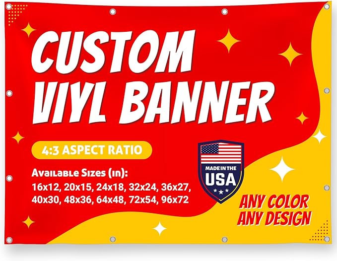 Custom Vinyl Banner with 150+ Sizes – Personalized Outdoor or Indoor Sign – Any Color & Design – Made in USA – Party, Business, Event Use
