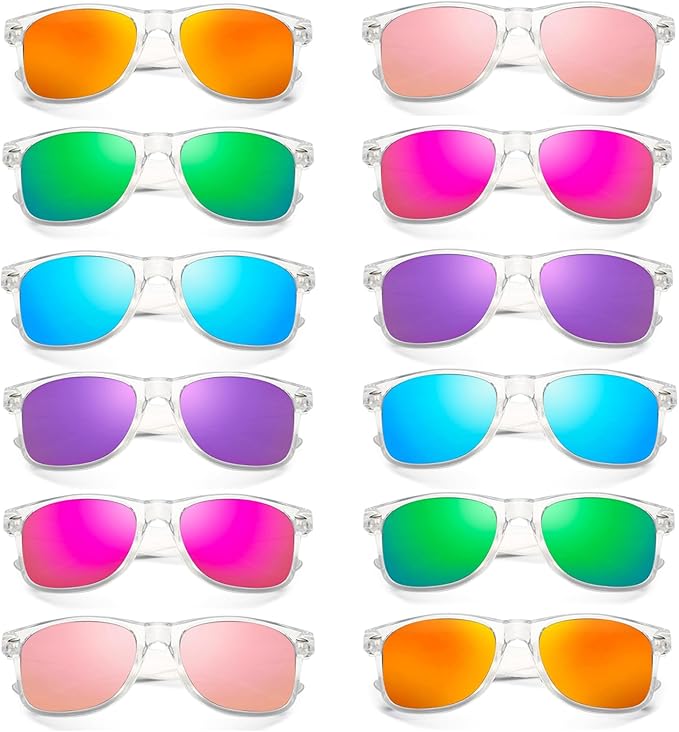 SUNOVELTIES 12/24 Pack Neon Party Sunglasses Mirrored/Jelly Lens Bulk Glasses Horn Rimmed Eyewear for Men Women