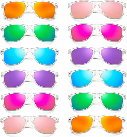 SUNOVELTIES 12/24 Pack Neon Party Sunglasses Mirrored/Jelly Lens Bulk Glasses Horn Rimmed Eyewear for Men Women