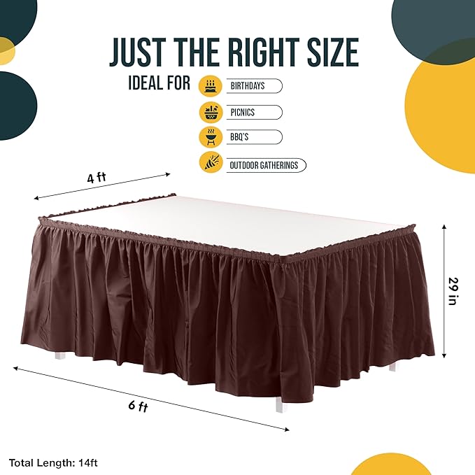 Exquisite Ruffle Table Skirt Brown 12 Pack 14 Ft Long Table Skirts for Rectangle Tables 6ft Plus or Round Tables Skirts with Adhesive Strip for Gender Reveal Decor & Happy Birthday Parties