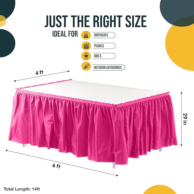 Exquisite Ruffle Table Skirt Cerise 6 Pack 14 Ft Long for Rectangle 6ft Plus or Round Tables With Adhesive Strip for Gender Reveal Decor & Happy Birthday Parties