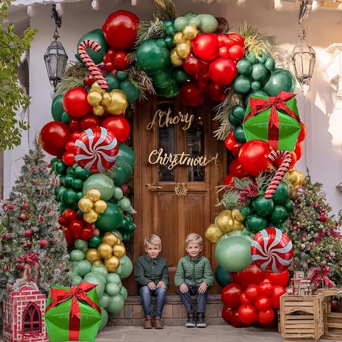 Green and Red Christmas Balloons Double Stuffed Pearl Dark Red Green Gold Balloon Garland Arch Kit Candy Cane Box Balloons for Happy Christmas Holiday New Year Birthday Party Decorations