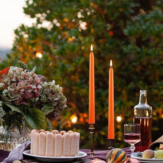 12-Pack Orange Taper Candles - 10 Inch Unscented Dripless Candlesticks, Long Burning for Halloween, Thanksgiving, Fall Decor & Dinner Parties