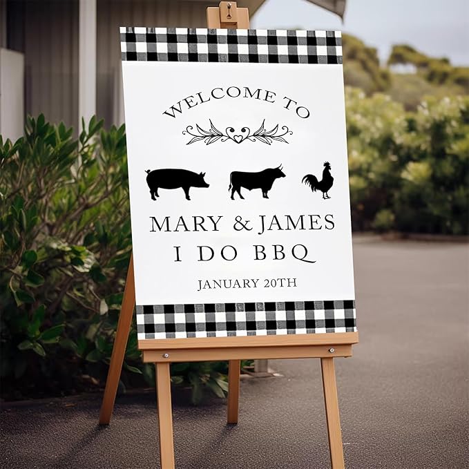 BBQ Welcome Sign for Country Wedding, Backyard Barbe-Q, Printable Decor, Rustic Red Gingham Couples Shower