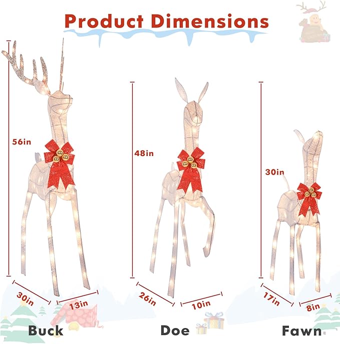3-Piece Reindeer Outdoor Christmas Decorations, 5FT Large Pre-lit Christmas Deer Family Set, 3D Outside Holiday Yard Decoration with 260 Bright LED Lights, Stakes, Zip Ties - White