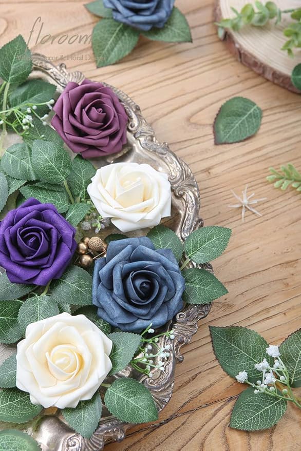 Floroom Artificial Flowers 25pcs Real Looking Dark Purple Foam Fake Roses with Stems for DIY Wedding Bouquets Bridal Shower Centerpieces Floral Arrangements Party Tables Home Decorations