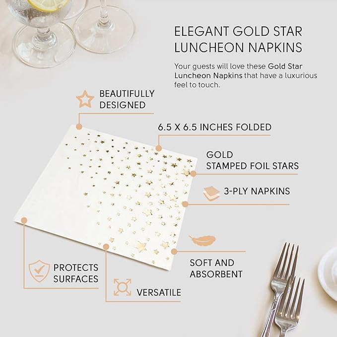 Stylish White and Gold Star Napkins - 50 Disposable Dinner Napkins, 6.5 x 6.5 Inch, Paper, Decorative for Parties