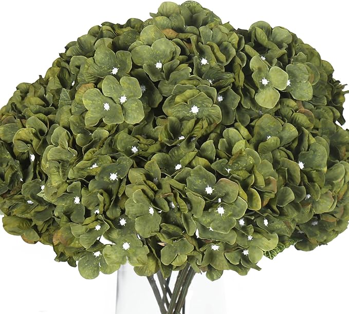 Kimura's Cabin 2Bouquets Green Fake Hydrangeas Flowers Vintage Artificial Silk Hydrangea Bouquets 10Heads for Home Table Centerpieces Wedding Party Decoration (Dark Green1 Pack of 2)