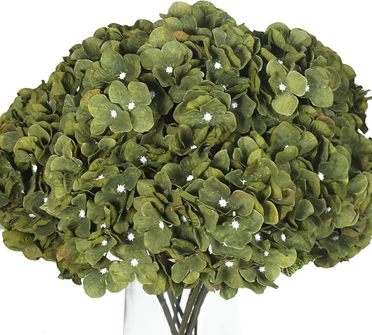 Kimura's Cabin 2Bouquets Green Fake Hydrangeas Flowers Vintage Artificial Silk Hydrangea Bouquets 10Heads for Home Table Centerpieces Wedding Party Decoration (Dark Green1 Pack of 2)