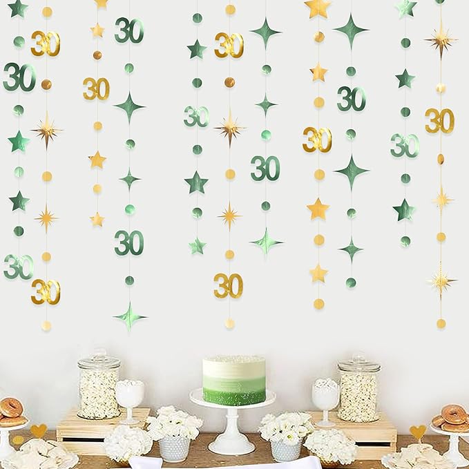 Sage Green Gold 30th Birthday Decorations Number 30 Circle Dot Twinkle Star Garland Streamer Banner Backdrop for Womens Cheers to 30 Years Old Dirty Thirty Happy 30th Anniversary Party Supplies