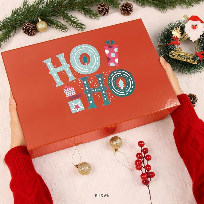 BLK&WH 6 Christmas Gift Boxes 13.5x9x4.1 Inches, Red Large Collapsible Gift Boxes with Magnetic Lids (Red)