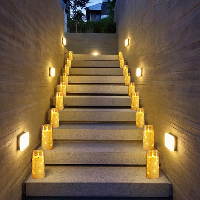 NURADA 3"x6"Flickering Flameless Candles: Built-in Star String Lights Acrylic Battery Operated LED Pillar Candles with Remote and Timer for Romantic Mood Home Decoration - 2 Pack Gold