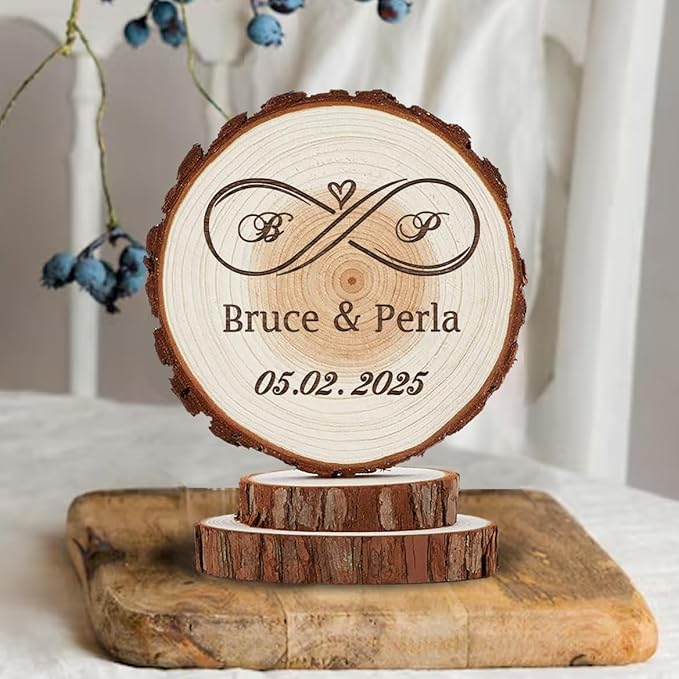 Rustic Wedding Cake Topper - Handmade Wood Slices, Personalized Infinity Love Cake Top, Personalized Engraved Initilas Names and Date, Anniversary Keepsake, Happy Birthday Wooden Decorations