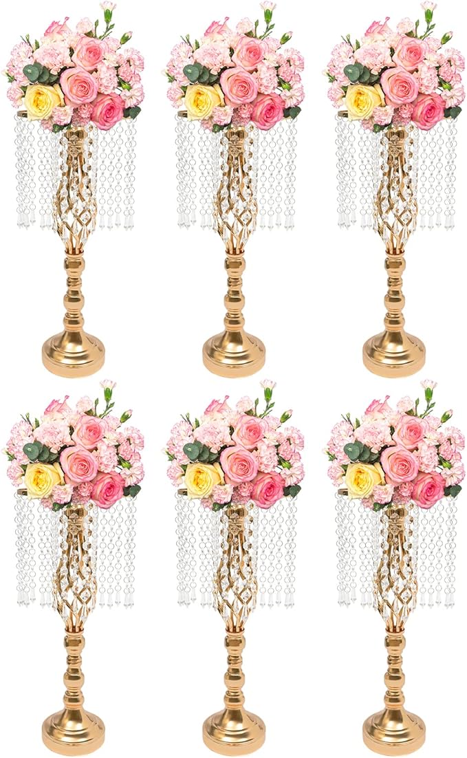 Wedding Centerpieces Gold Vases,6PCS Metal Flower Candle Holder with Sparkling Crystal Beads,Crystal Flower Vase Metal Flowers Stand for Party Tables Decorations (6PCS-Gold)