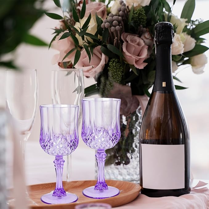 48 Pcs Plastic Purple Wine Drinking Glasses, Plastic Water Goblets Purple Vintage Reusable Drinkware Vintage Champagne glassware for Wedding Reception Grand Event Party, 7oz