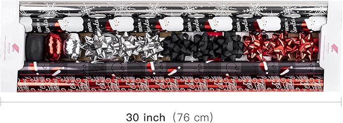 WRAPAHOLIC Christmas Wrapping Paper Set - Black Red Santa and Snowflake Holiday Collection with Metallic Foil Shine Wrapping Paper Bundle with Gift Bow & Ribbon & Tag & Sticker