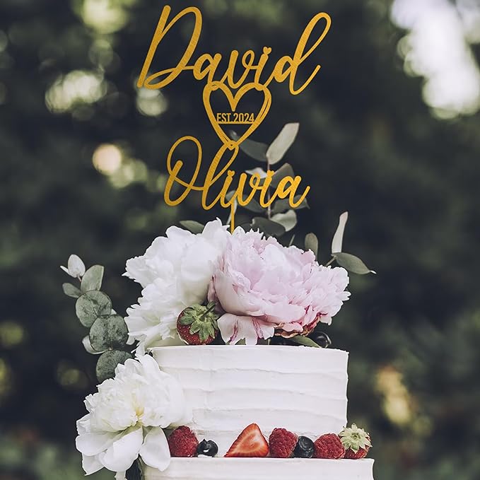 Noni Luxury Personalized Wedding Cake Topper with date and hear, Custom Cake topper, Personalized Cake Topper, Gold Cake Topper wedding, Rustic Wedding Cake Topper, Mr and Mrs Topper for Wedding Cake
