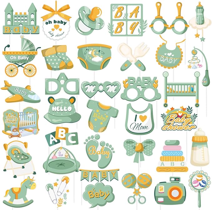 SUNBEAUTY 36 PCS Sage Green Baby Shower Photo Booth Props - Neutral Greenery Oh Baby Decorations
