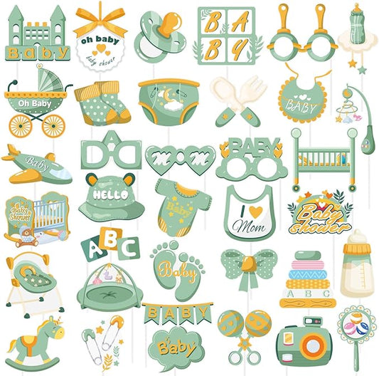 SUNBEAUTY 36 PCS Sage Green Baby Shower Photo Booth Props - Neutral Greenery Oh Baby Decorations