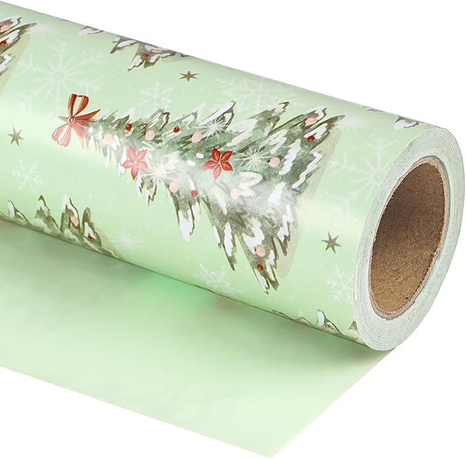 WRAPAHOLIC Reversible Christmas Wrapping Paper - Mini Roll - 17 Inch x 33 Feet - Light Green Christmas Tree Wrapping Paper for Xmas Holiday, Party Celebration