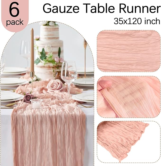 6 Pack Blush Pink Cheesecloth Table Runner 10FT Boho Gauze Fabric Table Runner 35 x 120 Inch Rustic Sheer Runner for Centerpiece Wedding Birthday Baby Shower Party Table Decoration